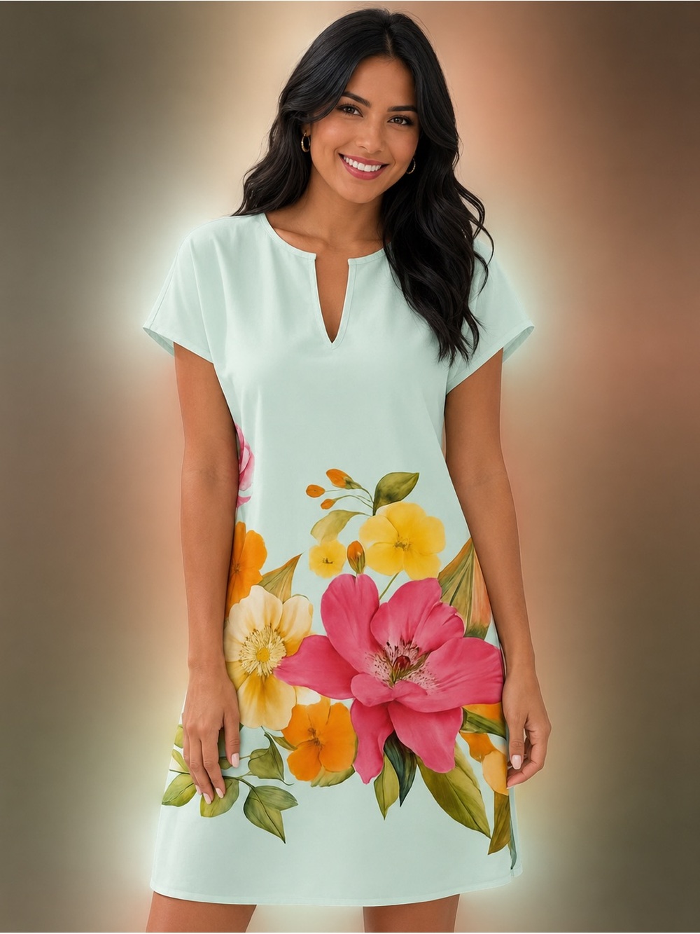 Floral Keyhole Shift Dress in Mint with Pink & Yellow Blooms